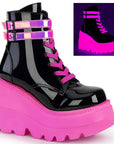 Too Fast | Demonia Shaker 52 | Black & Neon Pink Patent Leather & Uv Neon Women's Ankle Boots