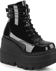 Too Fast | Demonia Shaker 52 | Black Patent Leather Women's Ankle Boots