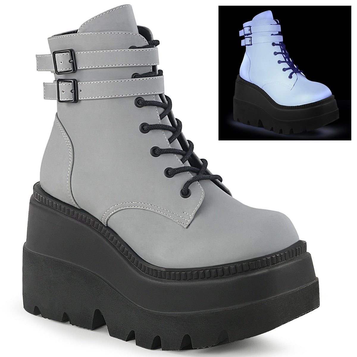 Too Fast | Demonia Shaker 52 | Grey Reflective Women&#39;s Ankle Boots