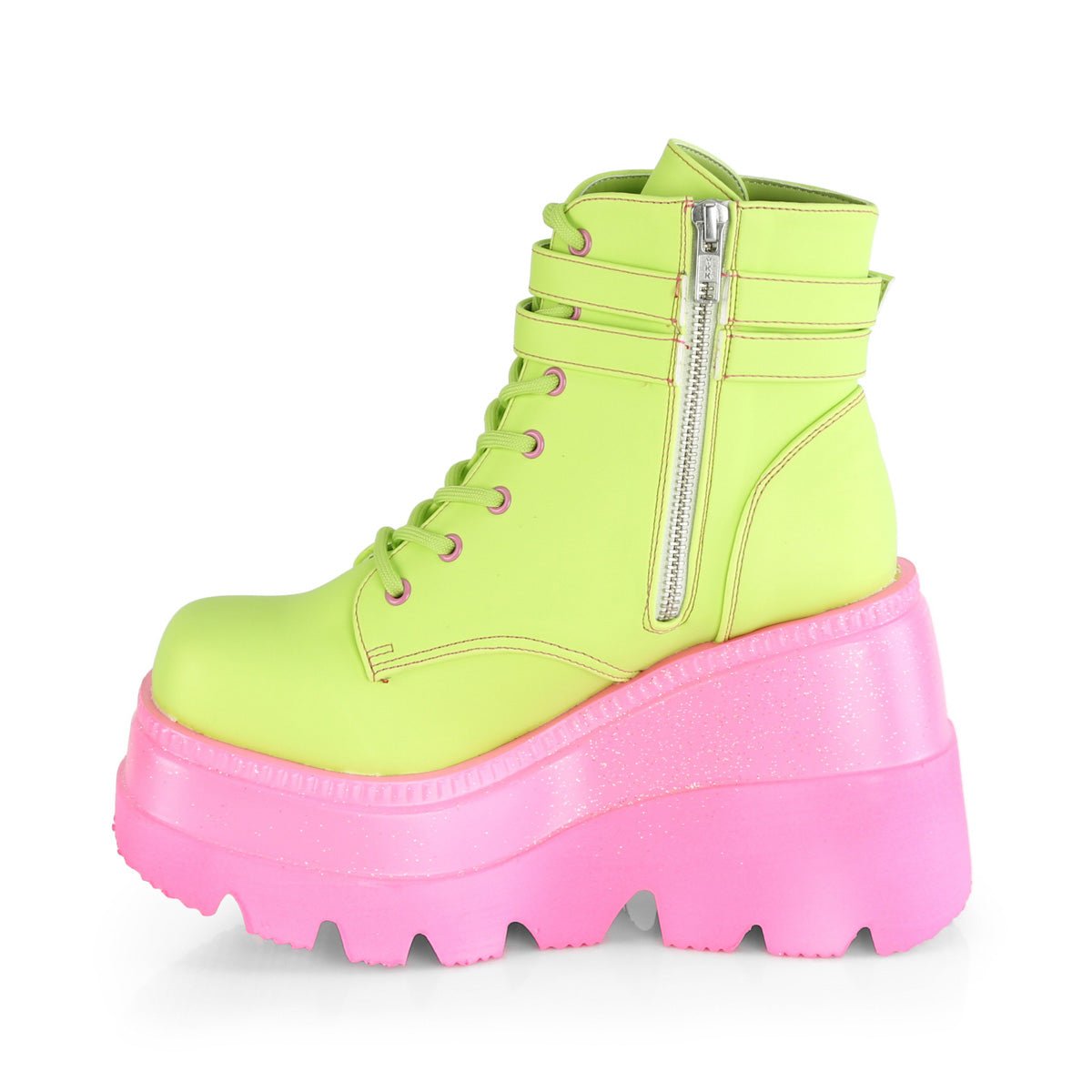 Too Fast | Demonia Shaker 52 | Lime Green Reflective Vegan Leather Women&#39;s Ankle Boots
