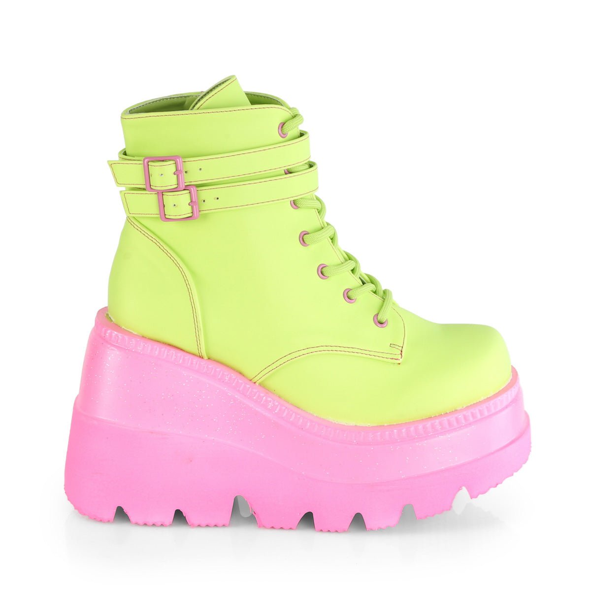 Too Fast | Demonia Shaker 52 | Lime Green Reflective Vegan Leather Women&#39;s Ankle Boots