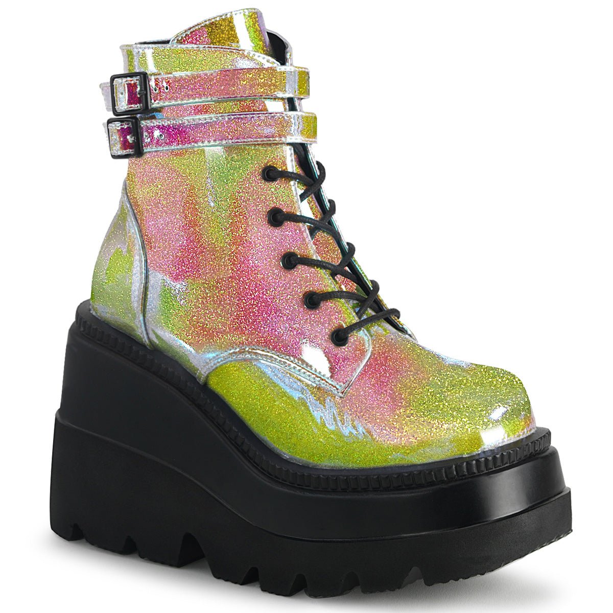 Too Fast | Demonia Shaker 52 | Pink Glitter Vegan Leather Women&#39;s Ankle Boots