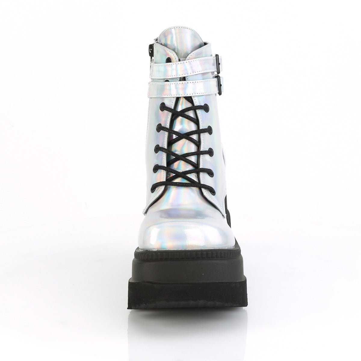 Too Fast | Demonia Shaker 52 | Silver Holographic Vegan Leather Women&#39;s Ankle Boots
