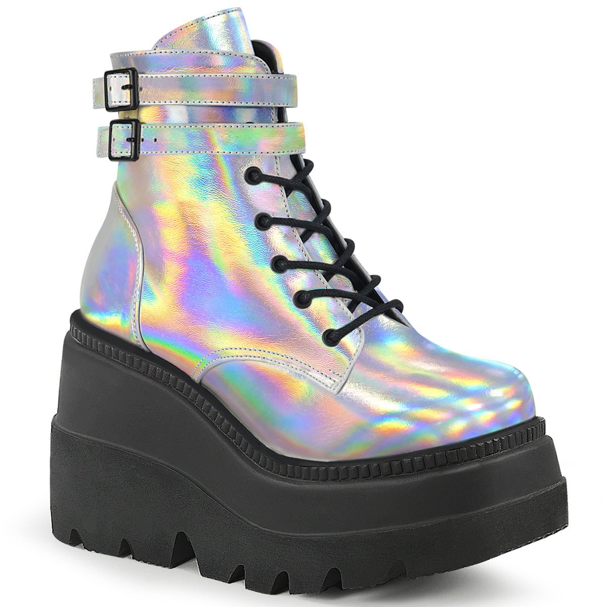Too Fast | Demonia Shaker 52 | Silver Holographic Vegan Leather Women&#39;s Ankle Boots