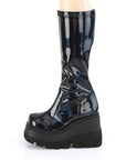 Too Fast | Demonia Shaker 65 | Black Stretch Patent Hologram Women's Knee High Boots