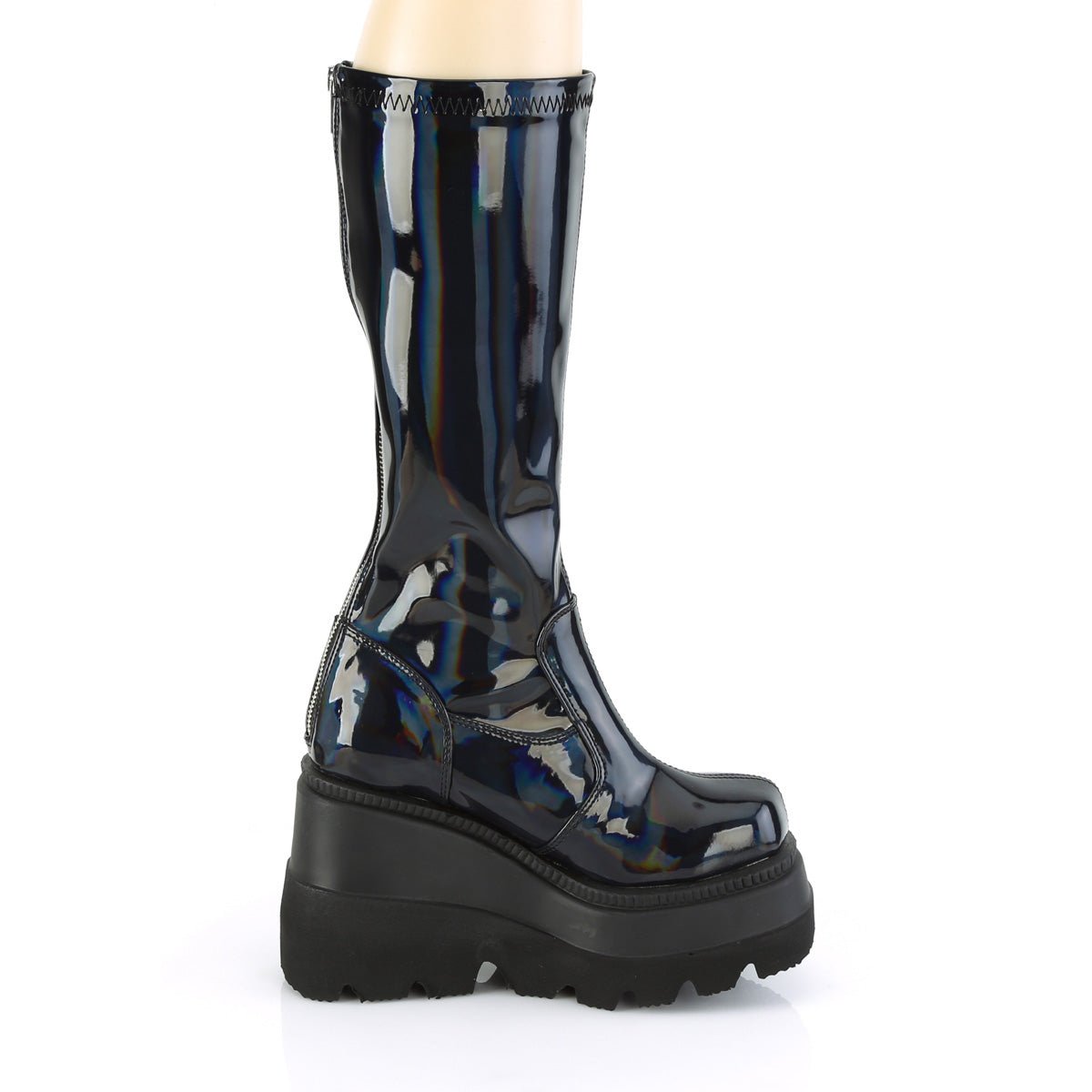 Too Fast | Demonia Shaker 65 | Black Stretch Patent Hologram Women&#39;s Knee High Boots