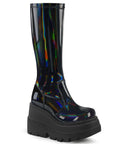 Too Fast | Demonia Shaker 65 | Black Stretch Patent Hologram Women's Knee High Boots