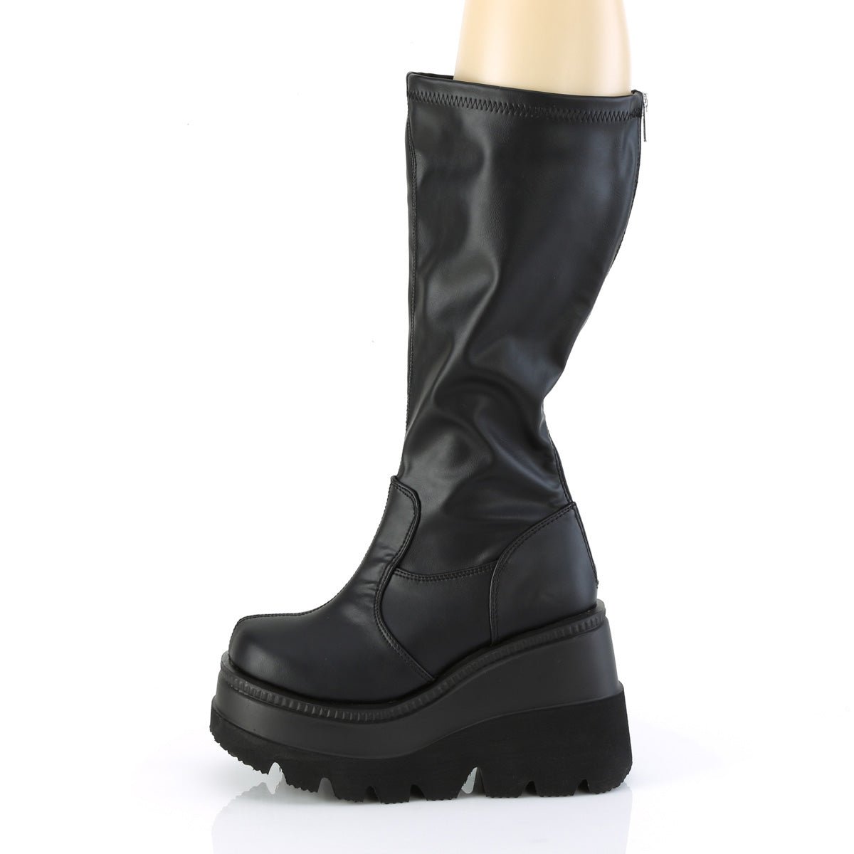 Too Fast | Demonia Shaker 65 Wc | Black Stretch Vegan Leather Women&#39;s Knee High Boots