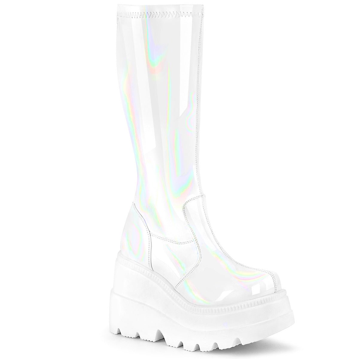 Too Fast | Demonia Shaker 65 | White Hologram Women's Knee High Boots