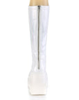 Too Fast | Demonia Shaker 65 | White Hologram Women's Knee High Boots