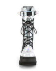 Too Fast | Demonia Shaker 70 | Silver Holographic Vegan Leather & Fishnet Women's Mid Calf Boots