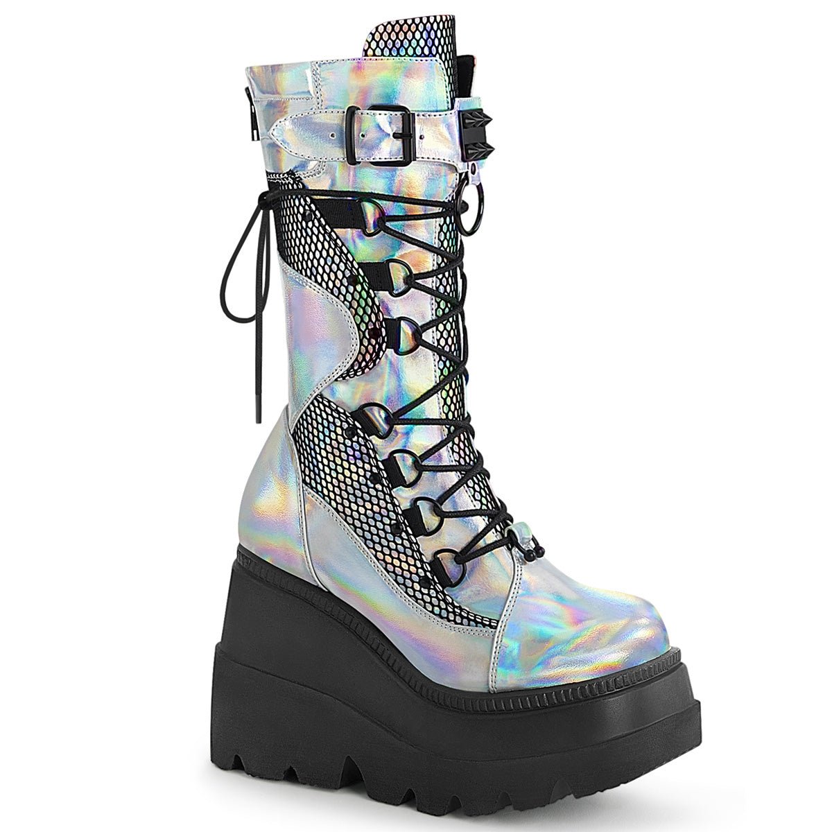 Too Fast | Demonia Shaker 70 | Silver Holographic Vegan Leather &amp; Fishnet Women&#39;s Mid Calf Boots