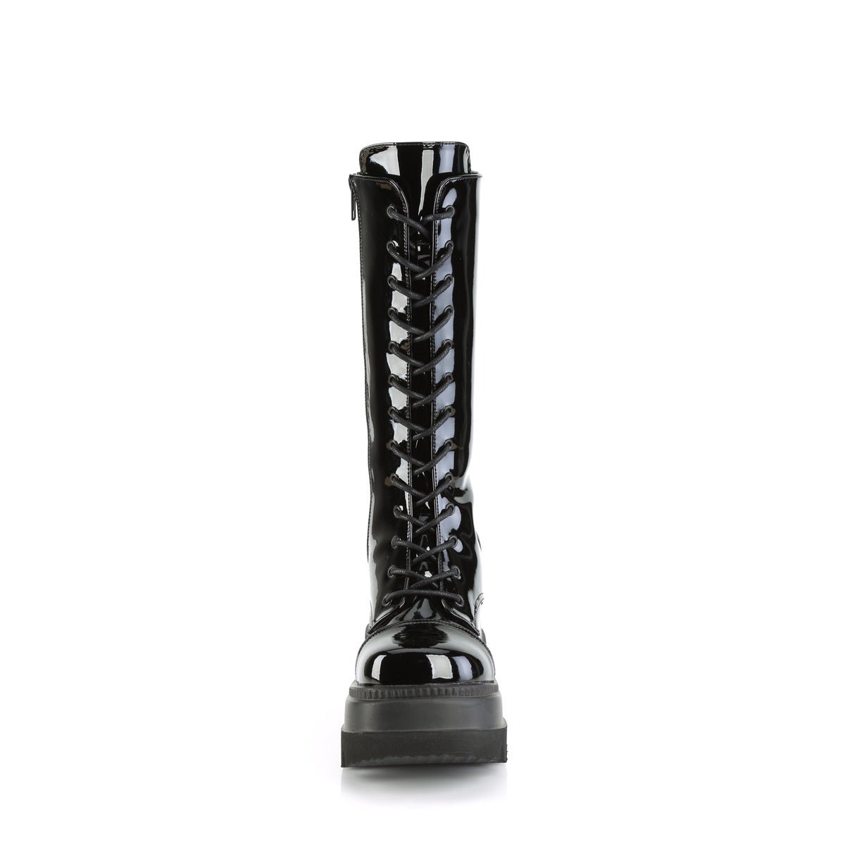 Too Fast | Demonia Shaker 72 | Black Patent Leather Women&#39;s Mid Calf Boots
