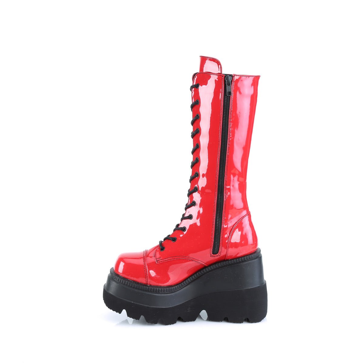 Too Fast | Demonia Shaker 72 | Red Patent Leather Women&#39;s Mid Calf Boots