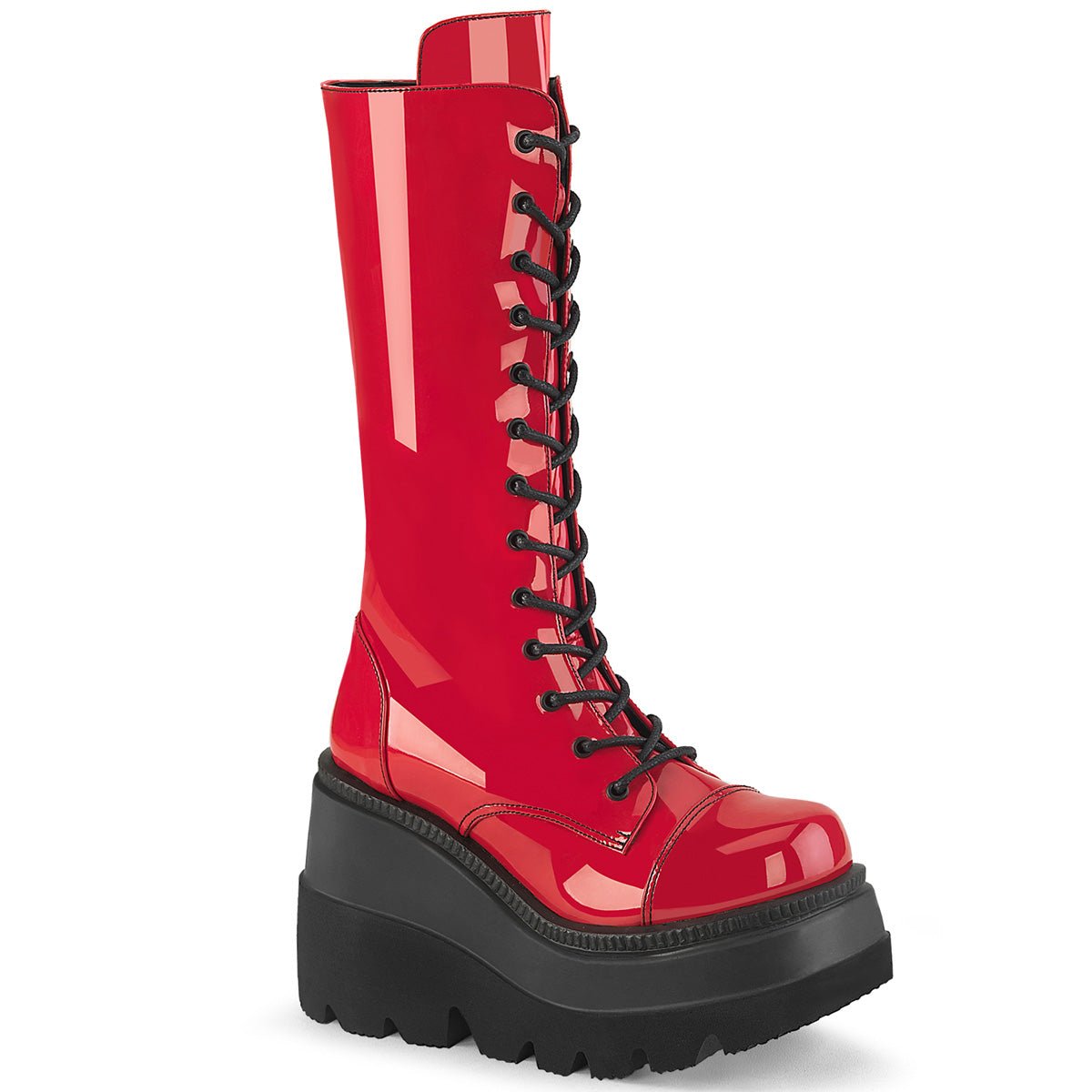Too Fast | Demonia Shaker 72 | Red Patent Leather Women&#39;s Mid Calf Boots
