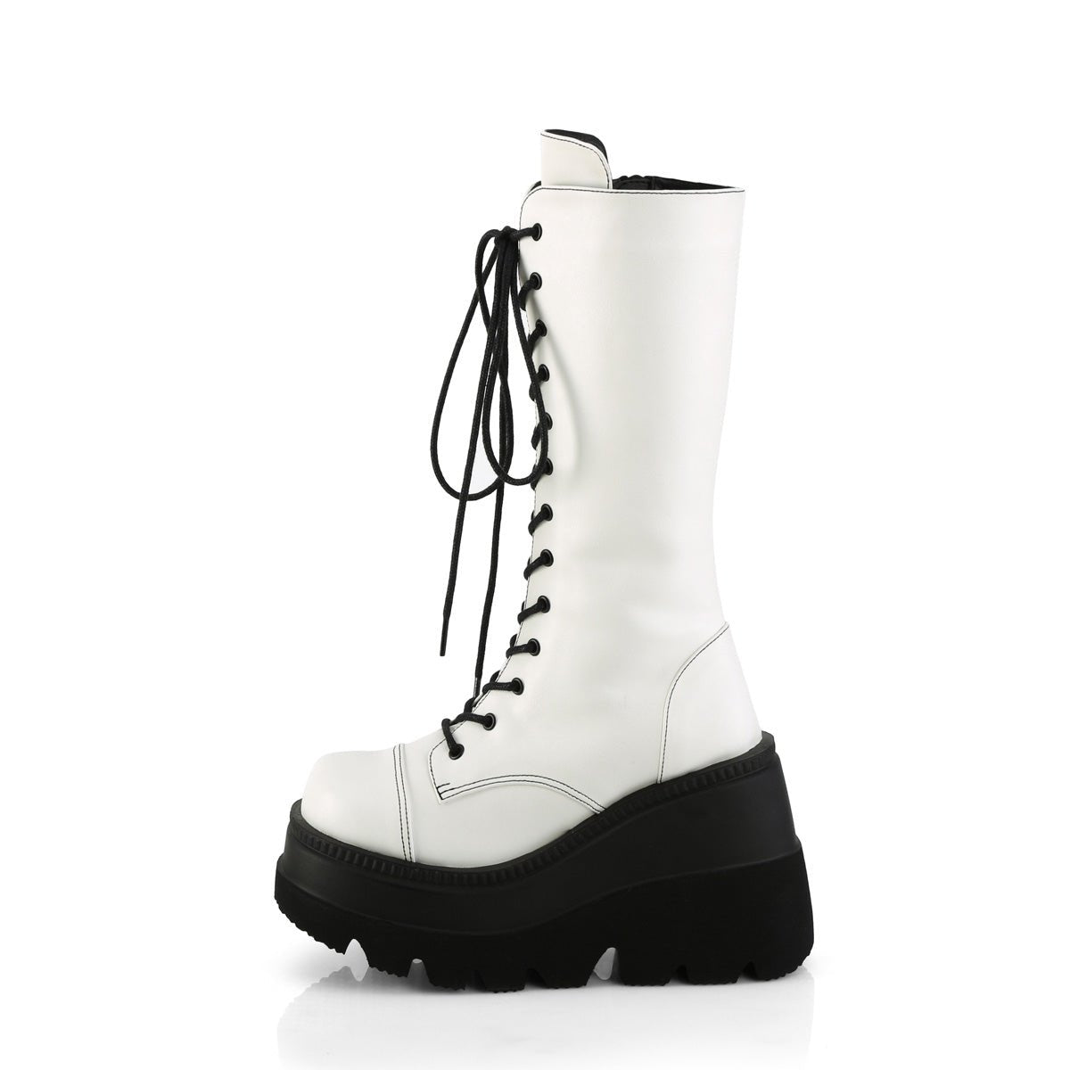 Too Fast | Demonia Shaker 72 | White Vegan Leather Women&#39;s Mid Calf Boots