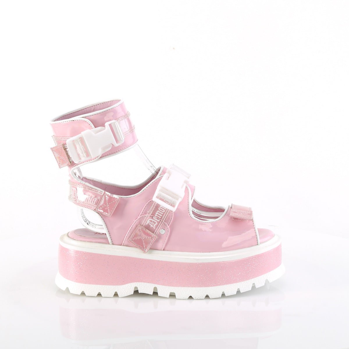Too Fast | Demonia Slacker 15 B | Baby Pink Hologram Patent Women&#39;s Sandals