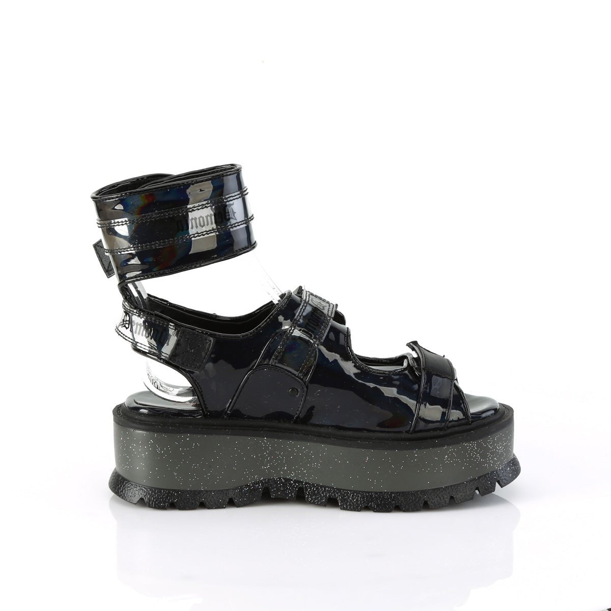 Too Fast | Demonia Slacker 15 B | Black Holographic Patent Leather Women&#39;s Sandals