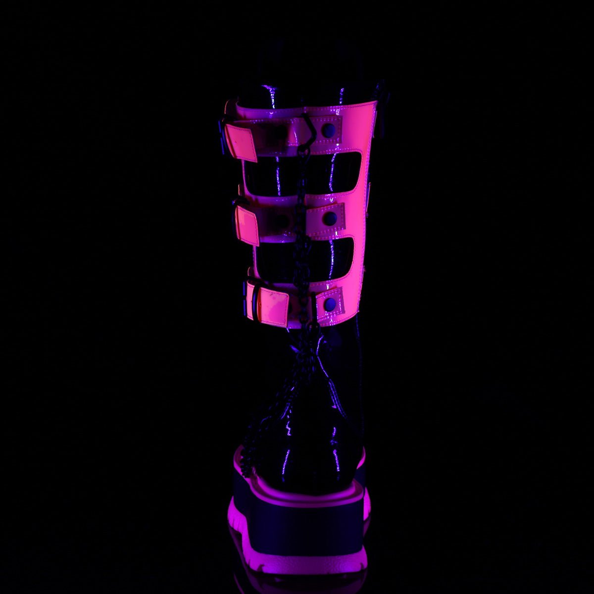 Too Fast | Demonia Slacker 156 | Black &amp; Neon Pink Patent Leather &amp; Uv Neon Women&#39;s Mid Calf Boots
