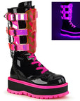 Too Fast | Demonia Slacker 156 | Black & Neon Pink Patent Leather & Uv Neon Women's Mid Calf Boots
