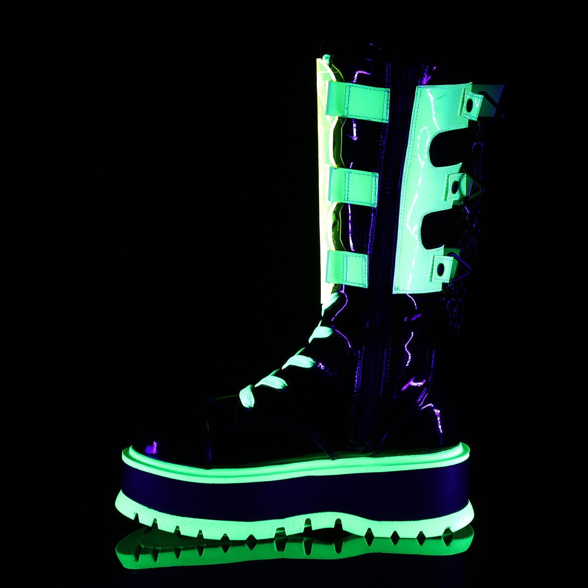 Too Fast | Demonia Slacker 156 | Black Patent Leather &amp; Uv Neon Women&#39;s Mid Calf Boots