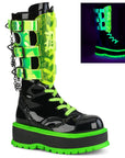 Too Fast | Demonia Slacker 156 | Black Patent Leather & Uv Neon Women's Mid Calf Boots