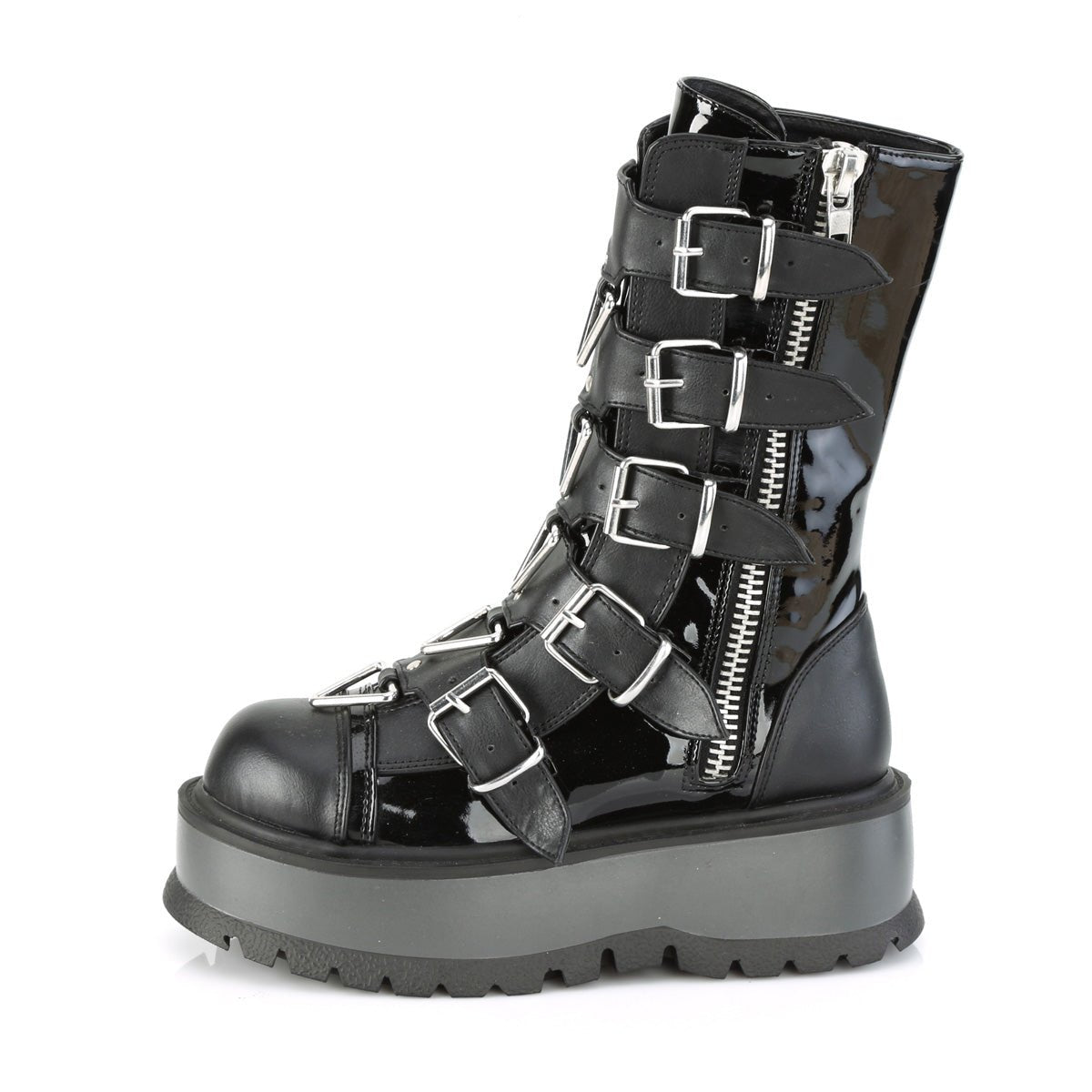Too Fast | Demonia Slacker 160 | Black Patent Vegan Leather Women&#39;s Mid Calf Boots