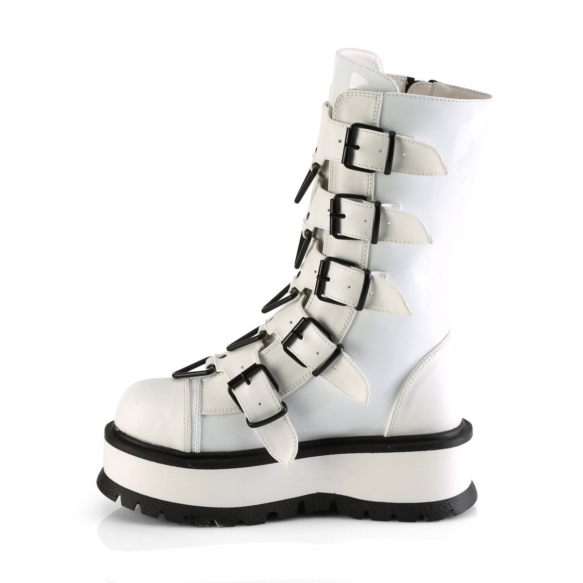 Too Fast | Demonia Slacker 160 | White Patent Leather Women&#39;s Mid Calf Boots