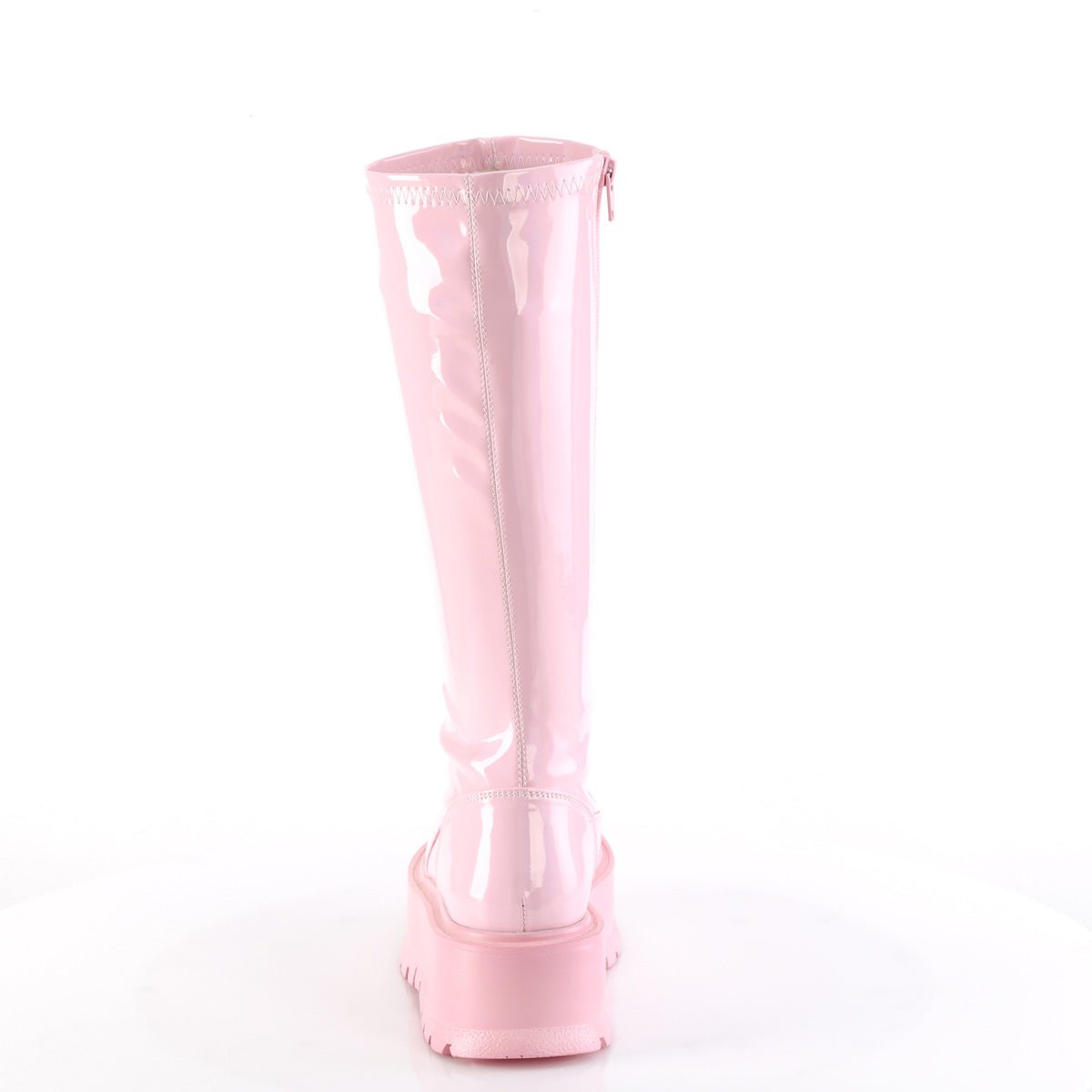 Too Fast | Demonia Slacker 200 | Baby Pink Hologram Patent Women&#39;s Knee High Boots