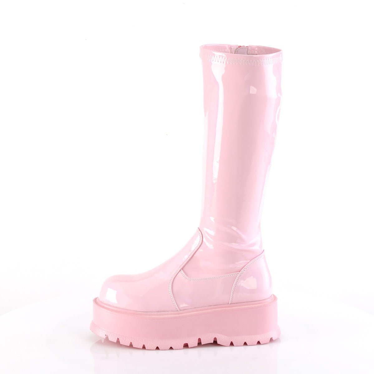 Too Fast | Demonia Slacker 200 | Baby Pink Hologram Patent Women&#39;s Knee High Boots