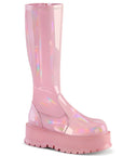 Too Fast | Demonia Slacker 200 | Baby Pink Hologram Patent Women's Knee High Boots