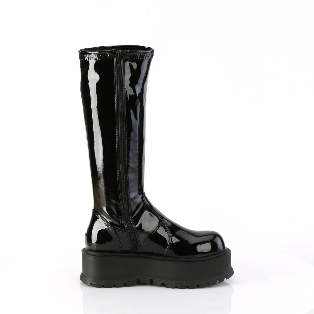 Too Fast | Demonia Slacker 200 | Black Patent Leather Women&#39;s Knee High Boots