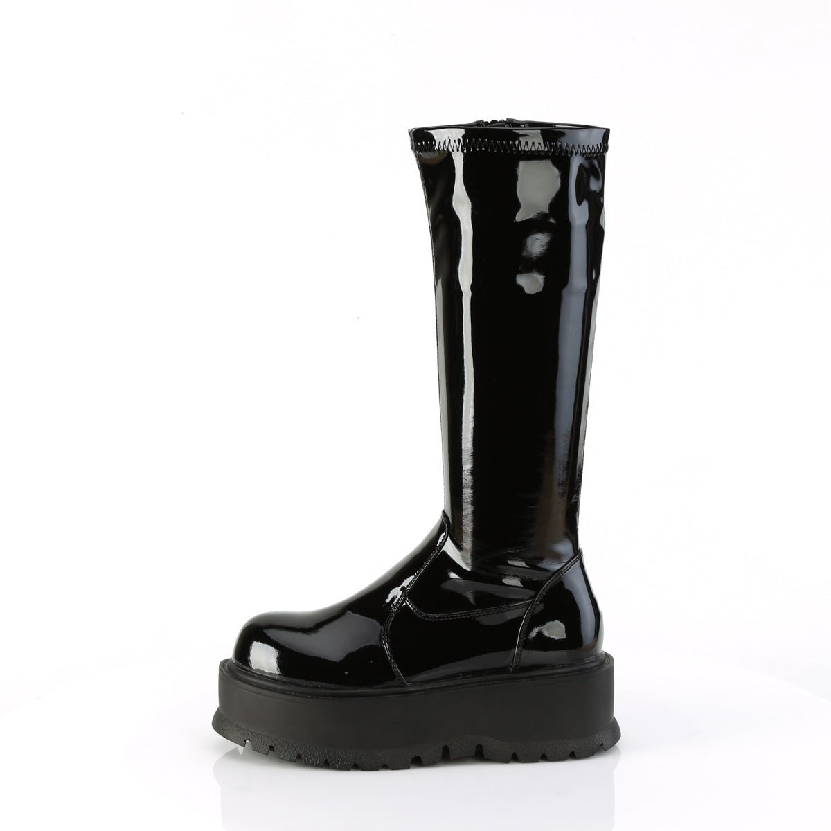 Too Fast | Demonia Slacker 200 | Black Patent Leather Women&#39;s Knee High Boots