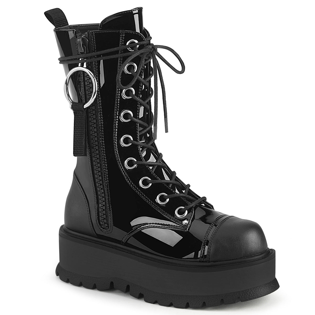 Too Fast | Demonia Slacker 220 | Black Patent Vegan Leather Women&#39;s Mid Calf Boots