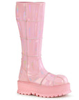 Too Fast | Demonia Slacker 230 | Baby Pink Hologram Patent Women's Knee High Boots