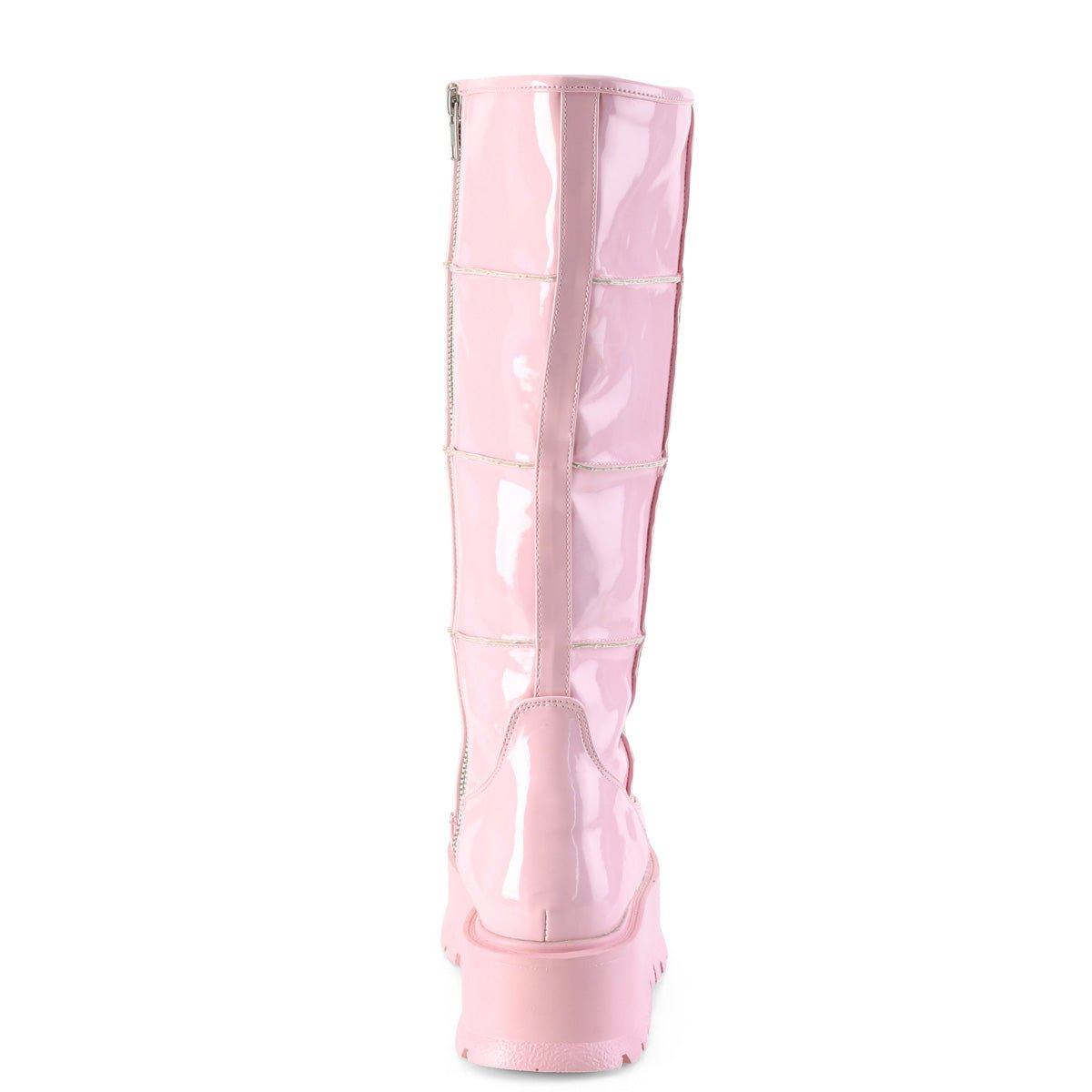 Too Fast | Demonia Slacker 230 | Baby Pink Hologram Patent Women&#39;s Knee High Boots