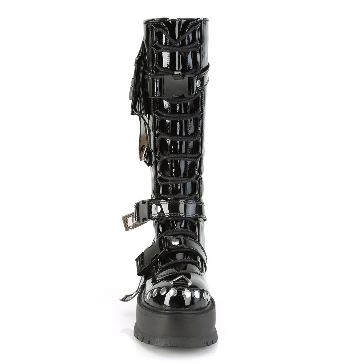 Too Fast | Demonia Slacker 260 | Black Patent Leather Women's Knee High Boots