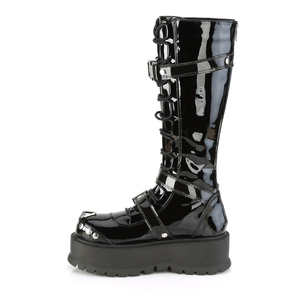 Too Fast | Demonia Slacker 260 | Black Patent Leather Women&#39;s Knee High Boots