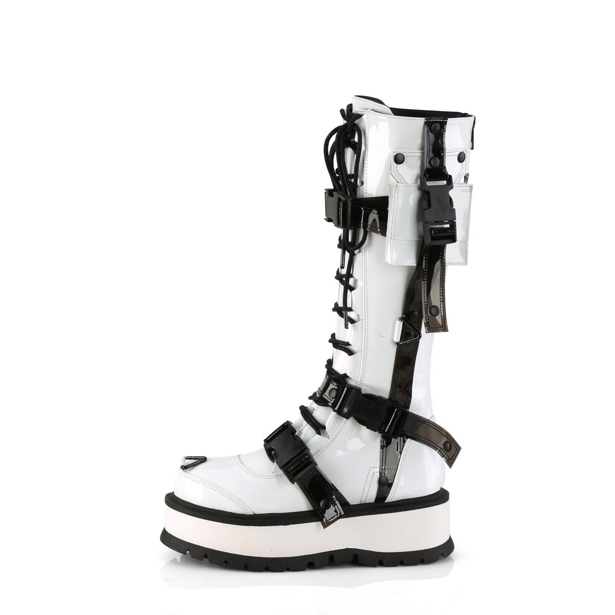 Too Fast | Demonia Slacker 260 | White Patent Leather Women&#39;s Knee High Boots