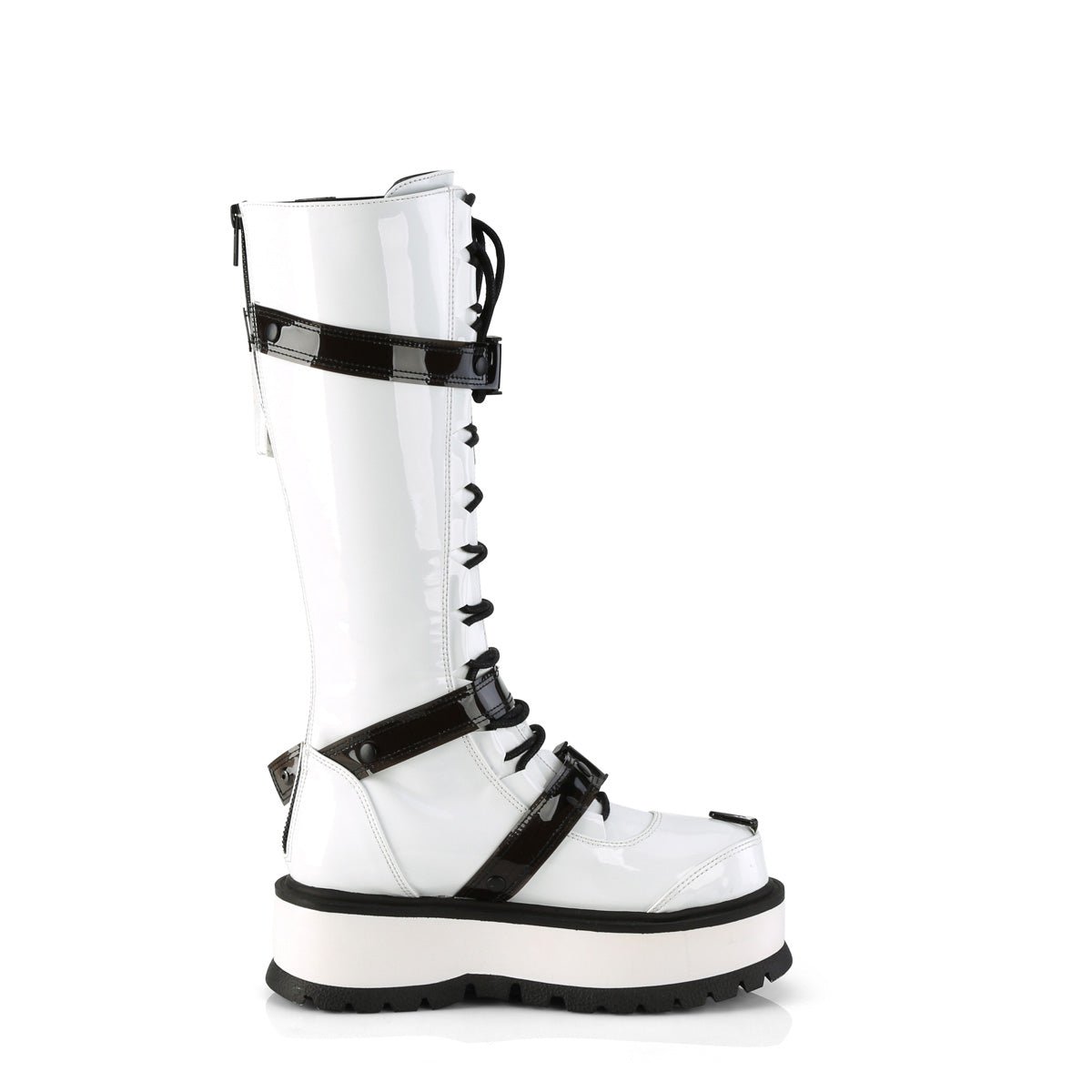 Too Fast | Demonia Slacker 260 | White Patent Leather Women&#39;s Knee High Boots