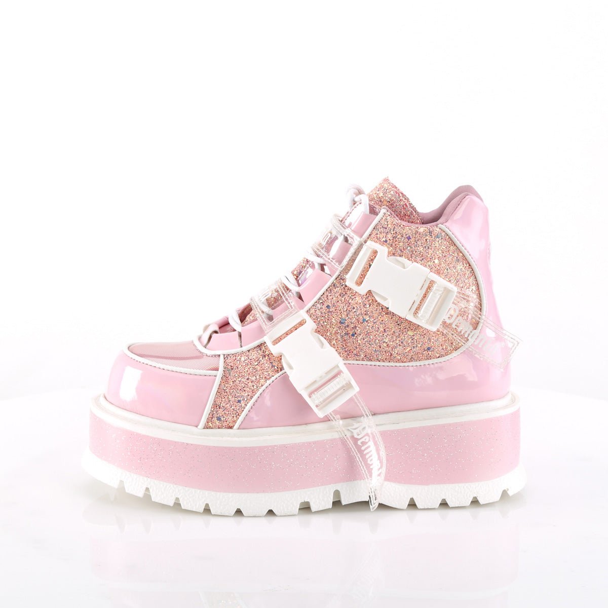 Too Fast | Demonia Slacker 50 | Baby Pink Patent Leather &amp; Glitter Women&#39;s Ankle Boots