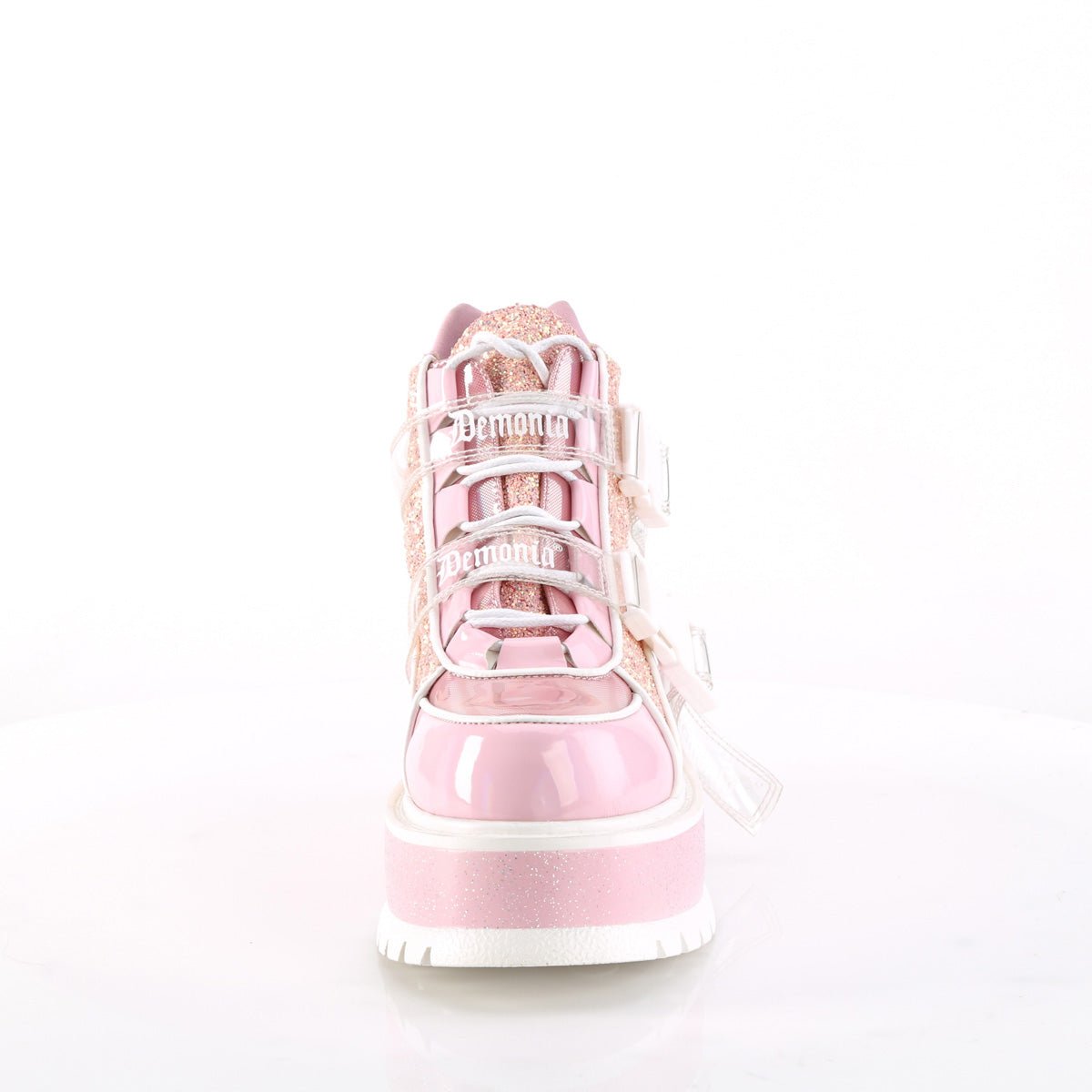 Too Fast | Demonia Slacker 50 | Baby Pink Patent Leather & Glitter Women's Ankle Boots