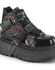 Too Fast | Demonia Slacker 50 | Black Patent Leather & Glitter Women's Ankle Boots