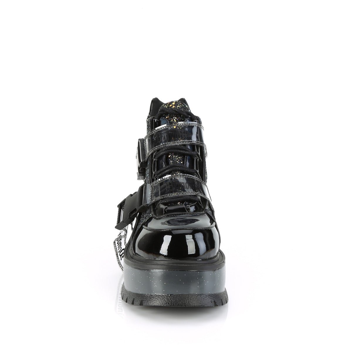 Too Fast | Demonia Slacker 50 | Black Patent Leather &amp; Glitter Women&#39;s Ankle Boots