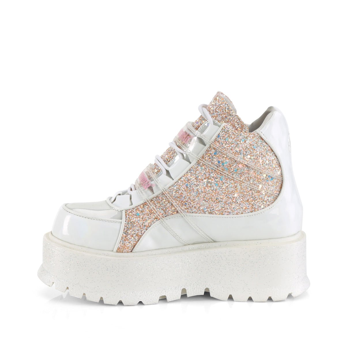 Too Fast | Demonia Slacker 50 | White &amp; Baby Pink Holographic Patent Leather &amp; Glitter Women&#39;s Ankle Boots