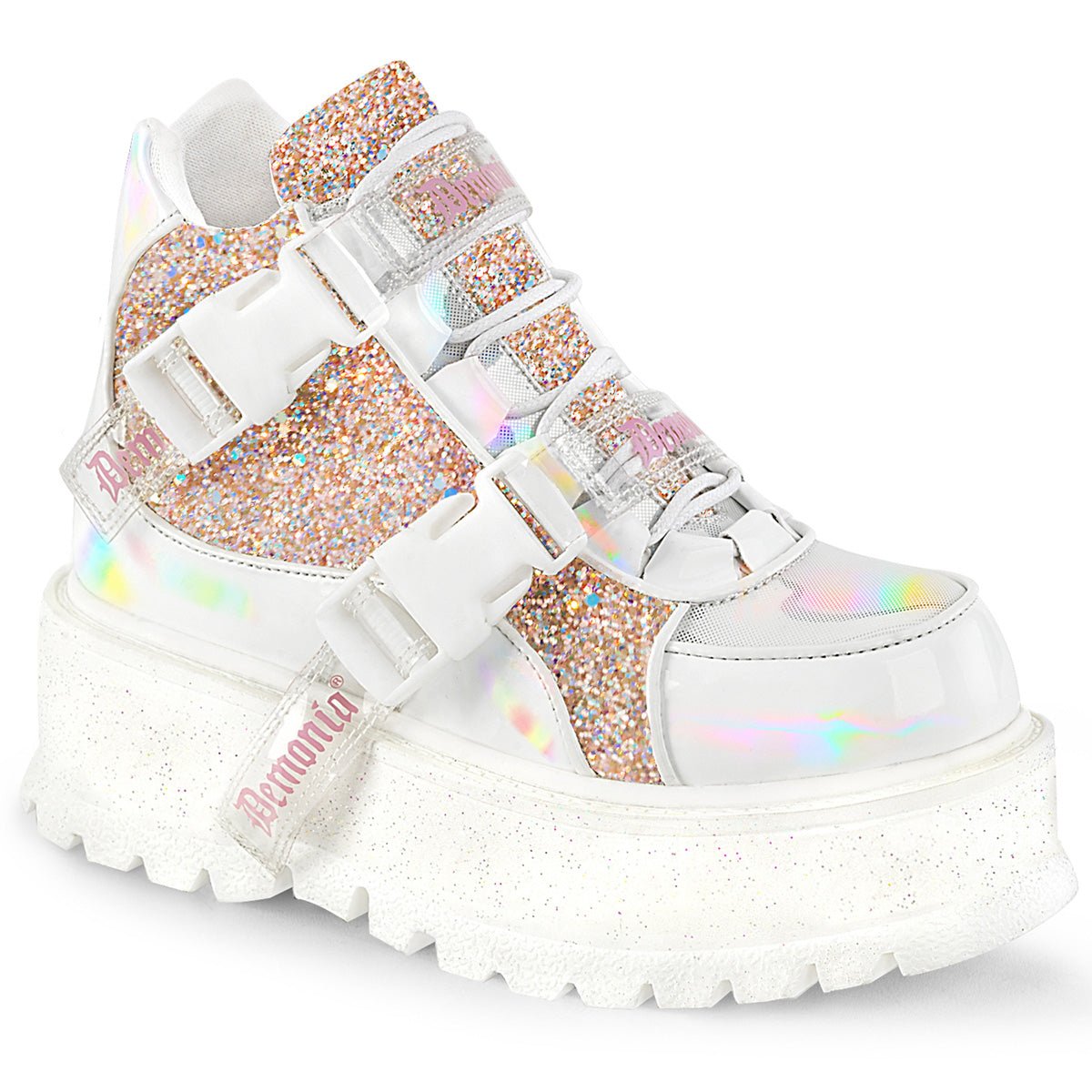 Too Fast | Demonia Slacker 50 | White &amp; Baby Pink Holographic Patent Leather &amp; Glitter Women&#39;s Ankle Boots