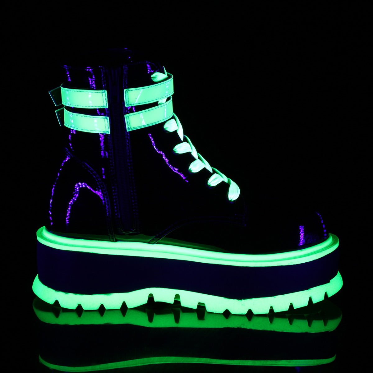 Too Fast | Demonia SLACKER-52 | Black &amp; Green Patent &amp; Iridescent UV Ankle Boots