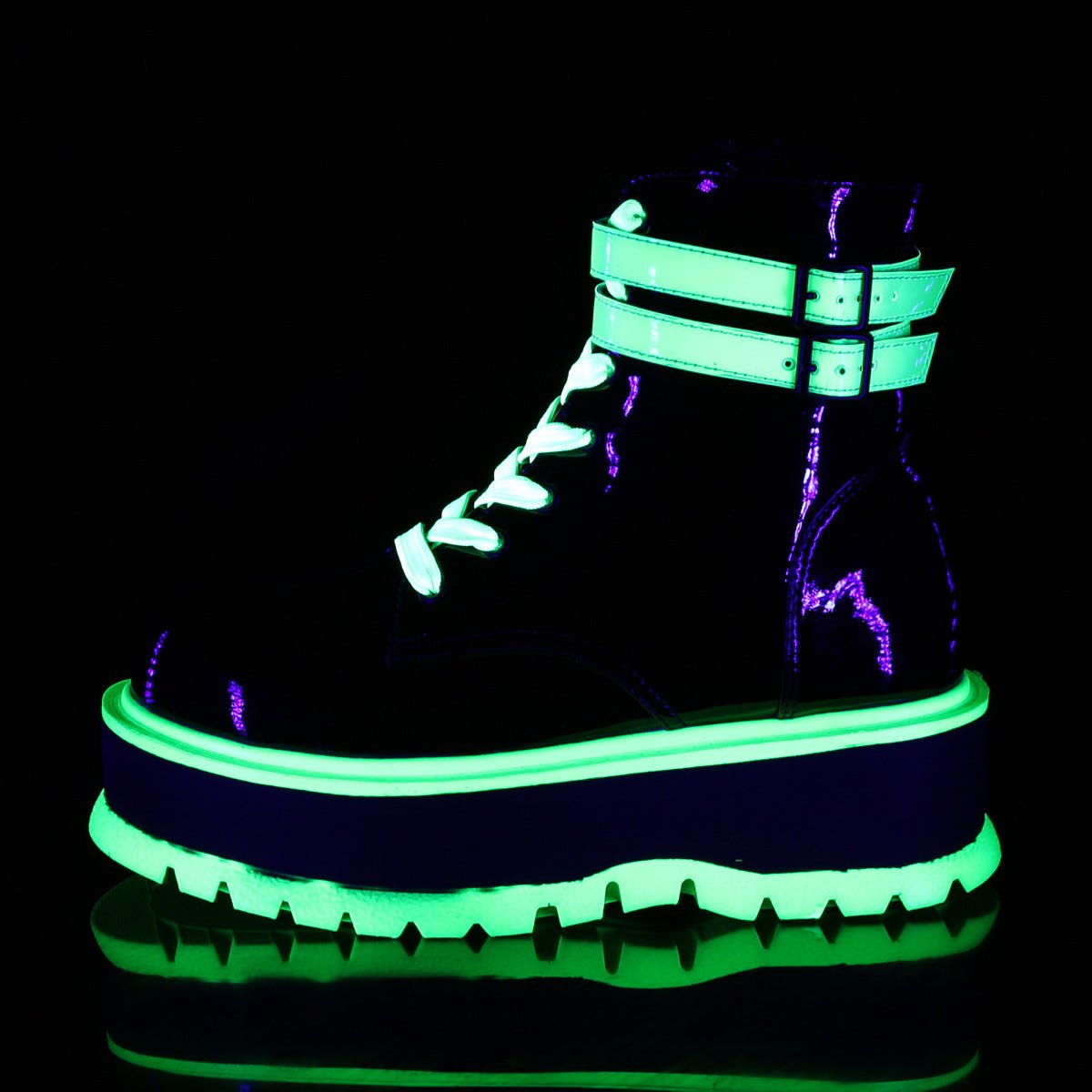 Too Fast | Demonia SLACKER-52 | Black &amp; Green Patent &amp; Iridescent UV Ankle Boots