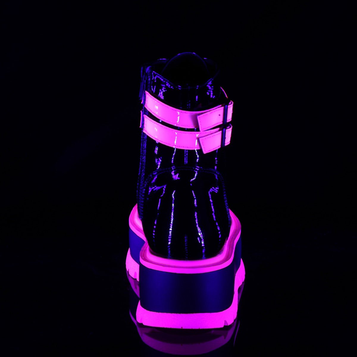 Too Fast | Demonia SLACKER-52 | Black &amp; Pink Patent &amp; Iridescent UV Ankle Boots