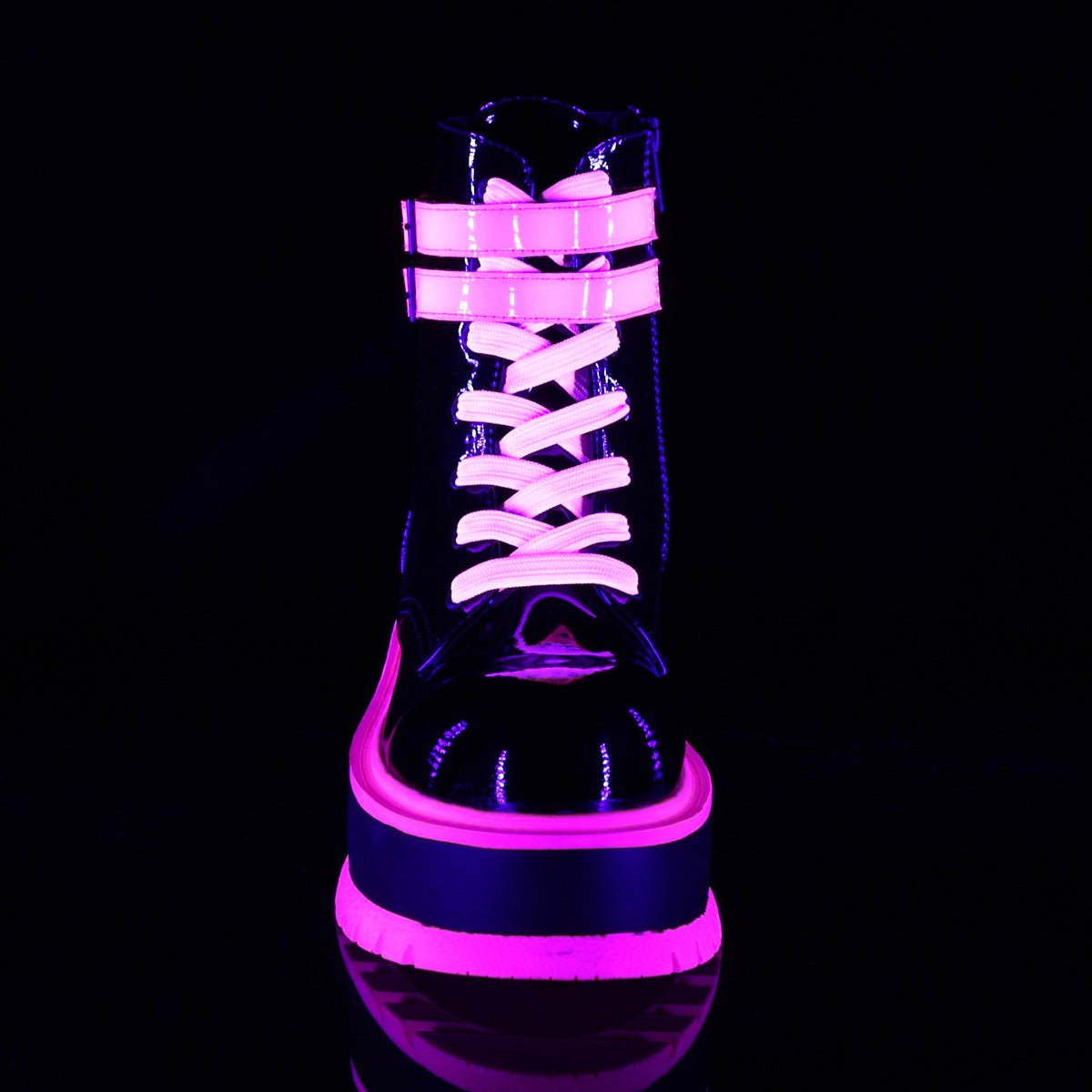 Too Fast | Demonia SLACKER-52 | Black &amp; Pink Patent &amp; Iridescent UV Ankle Boots
